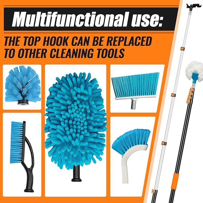 4.3-18 ft Telescopic Extension Pole with Utility Hook, Multi-Purpose Aluminum Pole for Painting, Dusting and New Year Window Cleaning Christmas Lights Installation Without a Ladder(Orange)