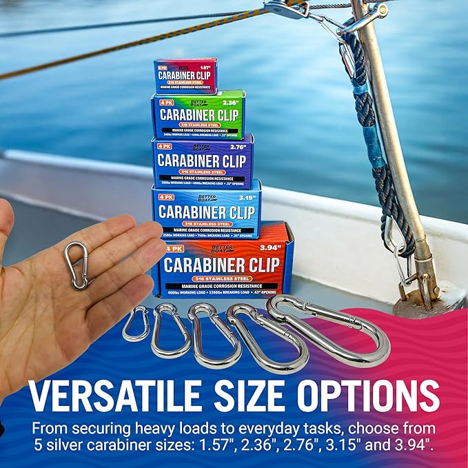 Stainless Steel Carabiner Clip, 4 Pack, 316 Marine Grade, Heavy Duty Spring Snap Hooks, Mini and Large Sizes, 2" to 4" Options