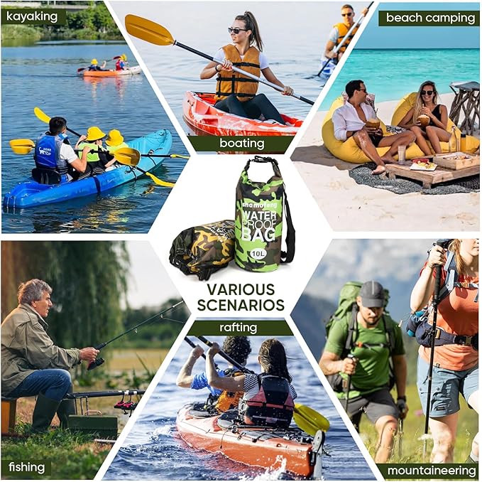 Waterproof Dry Bag 5L/10L/15L/20L/30L Roll Top Dry Storage Backpack with Phone Case, Collapsible Water Bottle, Sunglasses, Ear Band for Kayaking Boating Swimming Fishing Camping, Green 10L