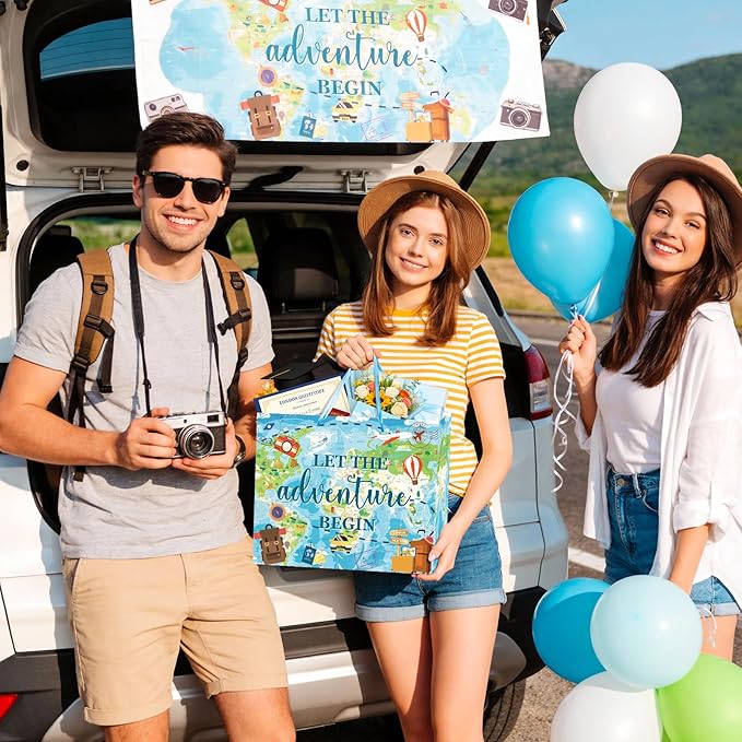 Travel World Map Birthday Gift Bag Double-Sided Let the Adventure Begin Gift Wrapping Paper Bag with Card Tissue Paper for Travel Birthday Baby Shower Graduation Retirement Farewell Family Party