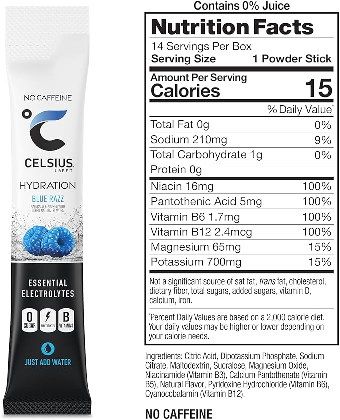 CELSIUS Hydration™ Blue Razz, Sugar Free Electrolyte Hydration Drink Mix (Pack of 14)