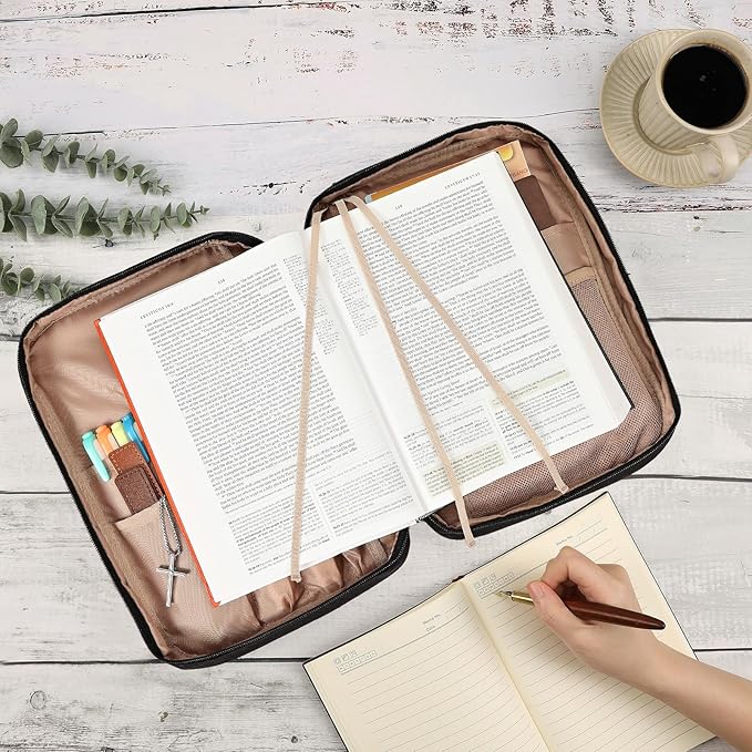 FINDCOZY Bible Cover Case for Women, Large Carrying Church Bag for Biblical Accessories with Shoulder Strap and Handle, Black