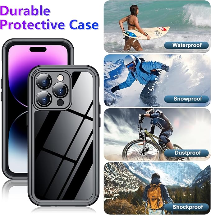 Temdan Compatible with iPhone 14 Pro Max Case Waterproof, Built-in Screen & Camera Protector IP68 Underwater Full Body 14FT Military Dropproof Shockproof Phone Case 6.7"-Black/Clear