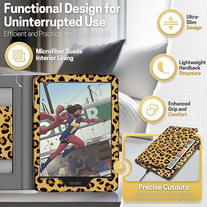 TNP Stand Case for Kindle Paperwhite 12th Generation 2024 / Kindle Colorsoft Signature Edition with Hand Strap & Card Slot - 7" PU Leather Protective Folio Cover with Auto Wake/Sleep, Leopard Yellow