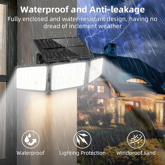 daphino 2500LM Solar Lights Outdoor with Motion Sensor,3 Head 270° Wide Angle Street Area Lights,IP65 Waterproof Security Lighting with 3 Modes(Remote,4 Pcs)