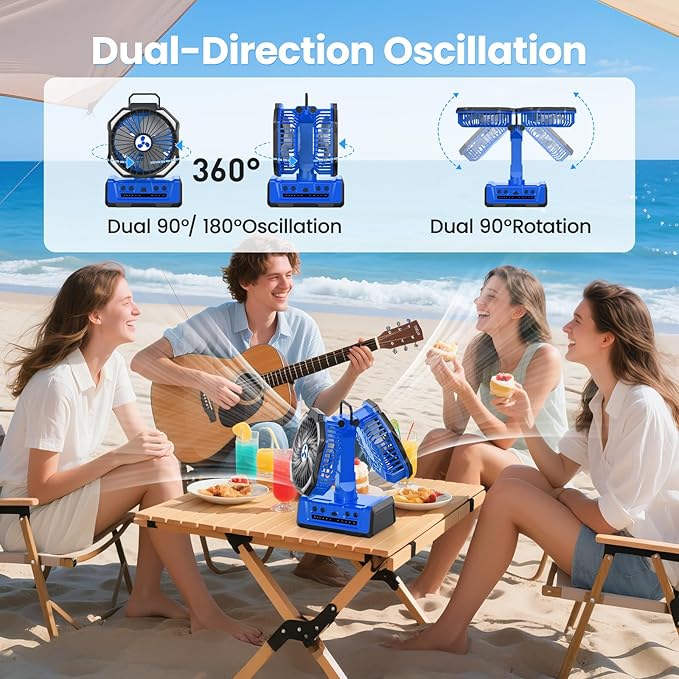 Dual Head Portable Rechargeable Fan 20000mAh Battery Powered Camping Fan Cordless with LED Lantern & Remote, Auto Oscillation, Hook, Battery Operated for Tent Office Travel Picnic Jobsite Orange