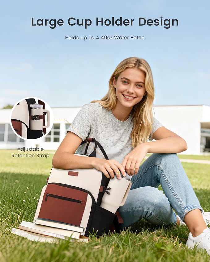 LOVEVOOK Laptop Backpack for Women - Stylish Work Backpack with Large Cup Holder, Waterproof College Teacher Backpack, Beige-Brown, 18Inch