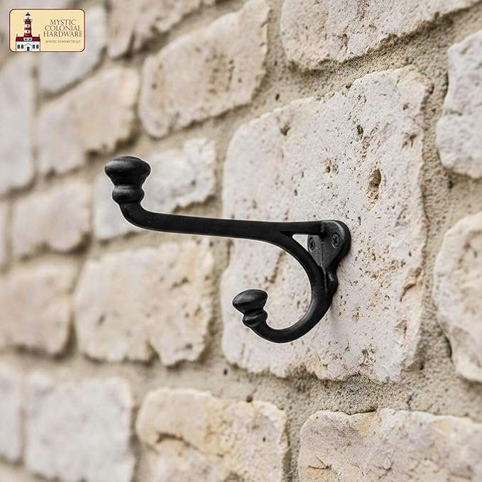 Mystic Colonial Rustic Cast Iron Wall Hooks Heavy Duty Retro Utility Hooks for Hanging Coat, Bag, Towel, Robe, Hat & More Decorative Wall Mount Hooks, Pack of 10, Black