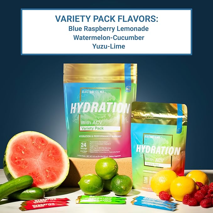 Essential Elements® Hydration Packets - Variety Pack - Electrolytes Powder No Sugar - Electrolyte Drink Mix - Superior Hydration with ACV & Vitamin C - 48 Stick Packs