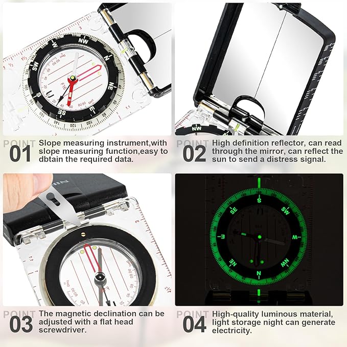 Orienteering Compass with Sighting Mirror - Adjustable Declination for Hiking & Backpacking - Reliable Emergency Backup for Scouts & Beginners