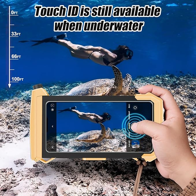 Underwater Phone Case for Snorkeling & Diving (50ft/15m), IP68 Waterproof Case for Swimming, Universal Underwater Touch Screen Case Compatible with iPhone (Yellow + Black, 5th Generation Phone Case)