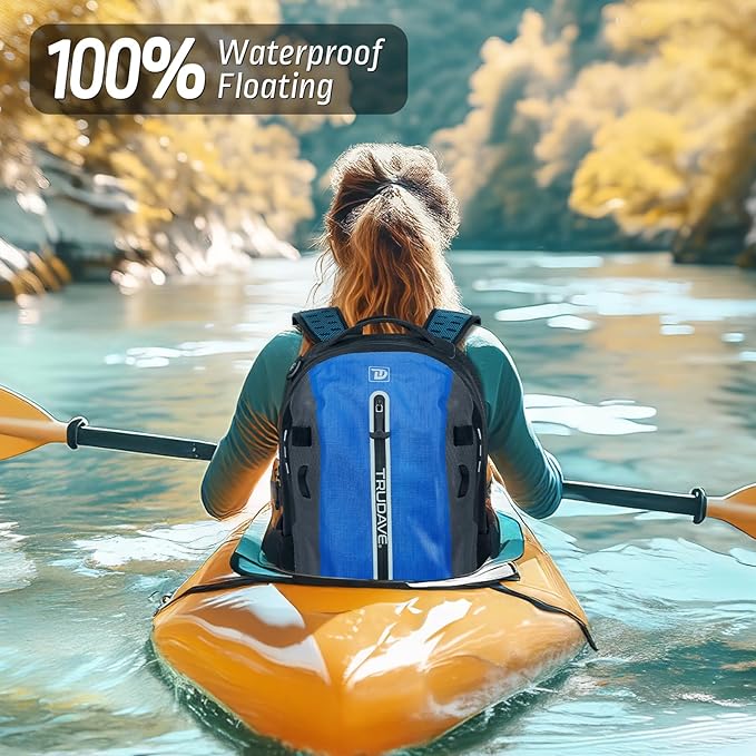 Trudave Waterproof Backpack, Waterproof Submersible Backpack, Floating TPU Coated Dry Bag with Airtight Zipper for Kayak, Fishing, Boating, Hiking, Blue,(20L)