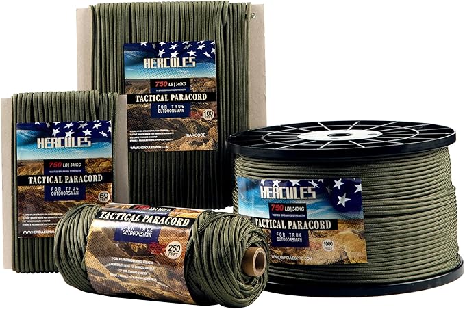 HERCULES 750lb Paracord 4mm 11 Strands Tactical Parachute Cord, 50' 100' 250' 1000' Utility Rope for Camping, Survival, Outdoor Gear (Army Green, 250FT)