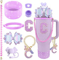 9PCS Purple for Stanley Cup Accessories Set Bling Initials Bow Charms for Stanley Decorations 30/40 Oz Tumbler Accessories Including Bow Straw Topper, Handle Strap, Spill Stopper（Letter C）