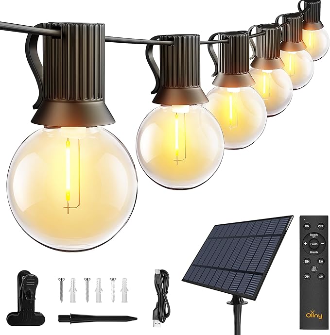 Ollny 35FT Solar Patio Lights, Waterproof Remote Control Dimmable Timers 3Modes Outdoor Light with 15 LED + 1 Spare Shatterproof Bulb, G40 String Lights for Outside Camping Backyard Tree Bistro