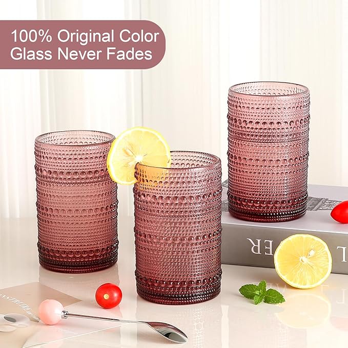 ZMOWIPDL Vintage Glassware Drinking Glasses Set of 6,15 oz Hobnail Glass Cups,Embossed Purple Water Tumbler,for Beer,Cocktail,Whiskey,Juice and Various Mixed Drinks- 1 Cleaning Brush