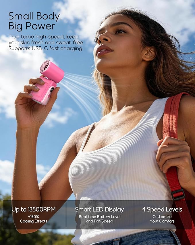 Portable Clip-On Mini Fan, Hands-Free, Turbo Personal Handheld Fans Rechargeable w/ 4 Wind & LED Display, Pocket Size Summer Essentials for Travel/EyeLash/Beach/Concert, Gifts for Women Men(Hot Pink)