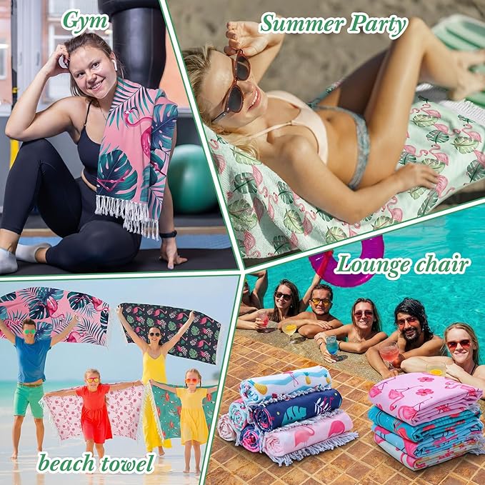 Peryiter 24 Pack Microfiber Oversize Turkish Beach Towel Set 12 Large Absorbent Beach Towels with 12 Storage Bag 28 x 55 Quick Dry Lightweight Bath Towel Blanket for Hawaii Camp Swim Pool(Flamingos)