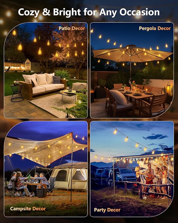 Brightown 58FT Solar String Lights Outdoor Waterproof with Remote, 25+1 LED Shatterproof Bulbs, Dimmable & Timable, 3 Light Modes - Commercial Grade Patio Lights for Garden Backyard Party Decor
