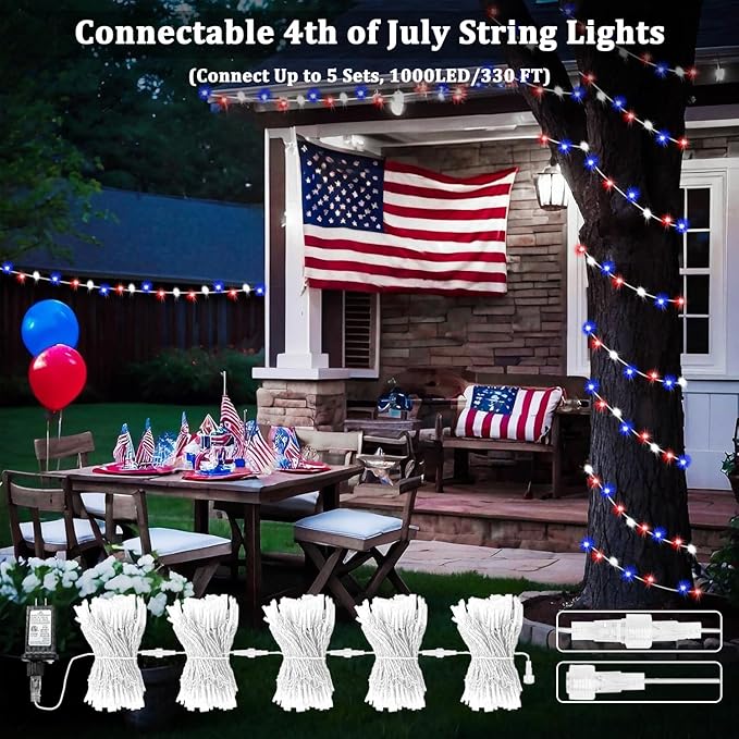 4th of July Red White and Blue Lights, Connectable 200 LED 66FT String Lights Plug in, 13 Modes July 4th Twinkle Lights for Indoor Outdoor Independence Day Memorial Day American Flag Patriotic Decor