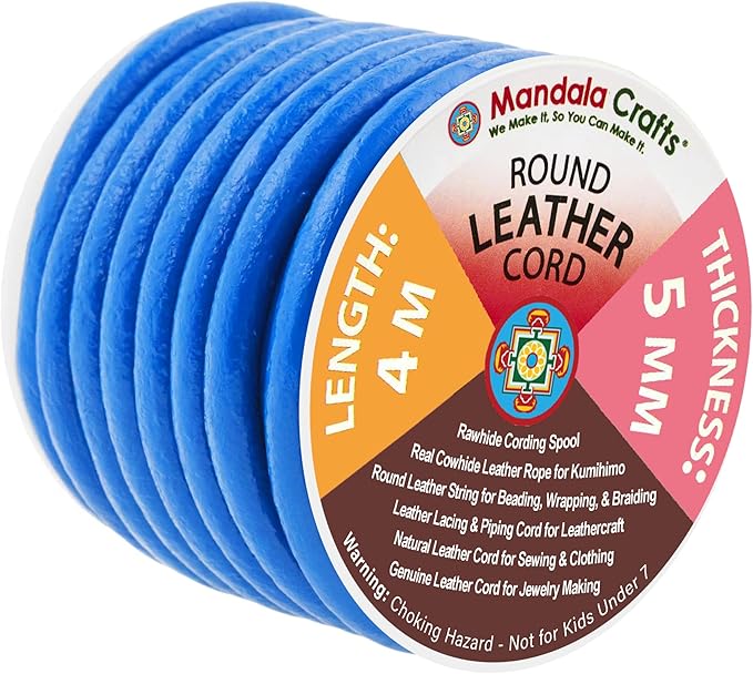 Mandala Crafts Round Genuine Blue Leather Cord for Jewelry Making – 5mm Cowhide Leather Rope String Lace for Kumihimo – 4.4 Yards Cowhide Craft Cording Spool