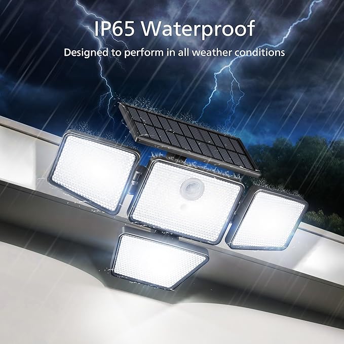 Philips Solar Security Light Outdoor, 196 LED Wall-Mounted Flood Light w/PIR Motion Sensor, 3 Modes, 4 Adjustable Heads Solar-Powered Floodlights with Remote Control, IP65 Waterproof 4PK