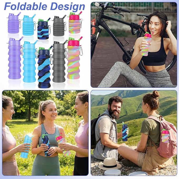 5 Pack Foldable Water Bottles, 16 oz Silicone Reusable Foldable Water Bottle, Portable Leak Proof Travel Sports Bottle with Metal Clip for Camping Hiking Gym, Colorful