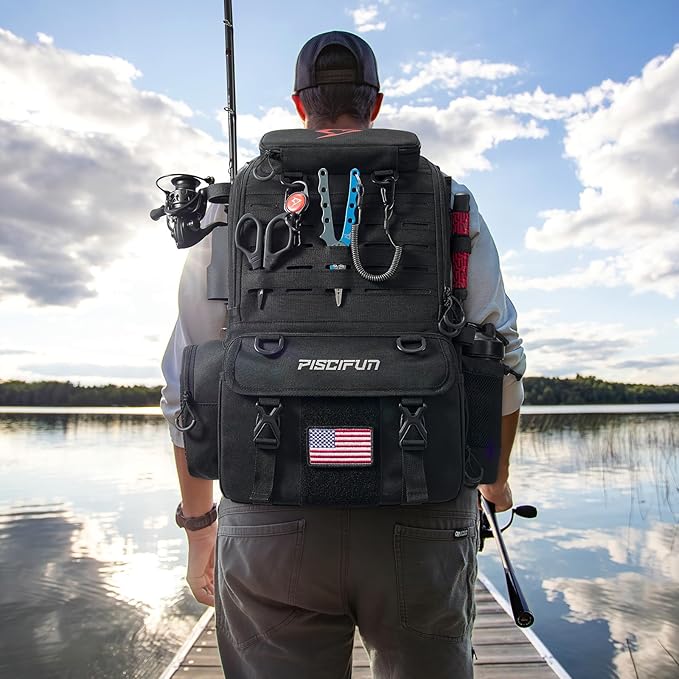 Piscifun 52L Fishing Tackle Backpack with Rod Holders & 4 Tackle Boxes, Large Tackle Bag for Gear Storage with Rain Cover