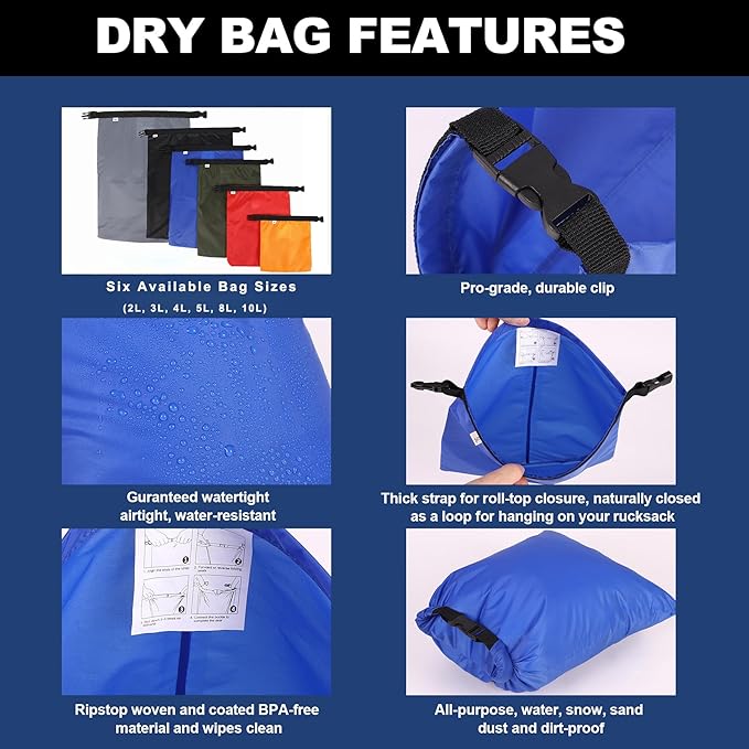 Dry Bags Waterproof Set, 6-Pack Ultralight Waterproof Bags Small Stuff Sack Water Proof Bag Dry Sacks, Outdoor Dry Bag Keep Gear Dry for Backpacking Hiking Boating Camping Travel