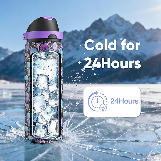 Insulated Water Bottle with Straw - Encool Stainless Steel Water Bottle with Push Button Lid, Leak-Proof & BPA-Free, Keeps Cold for 24 Hours for Sports, Travel, Gym (32 oz, Floral Afterlife)