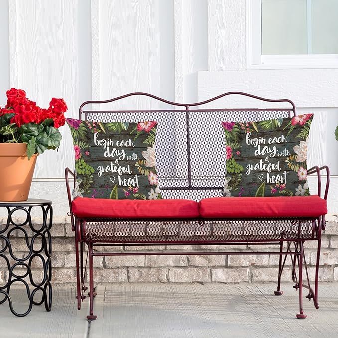 Swono Funny Quote 2Pcs Throw Pillow Covers for Men Women, Begin Each Day with Grateful Heart Bedding Pillowcase 18 X 18 Inch, Flowers Wood Decorative Pillow Cushion Cover for Couch Sofa Bed Home