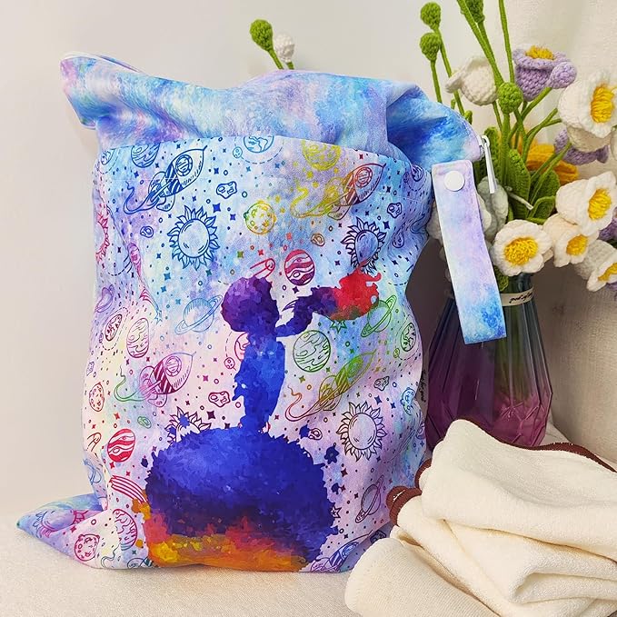 Mama Koala Wet Dry Bags, Portable Washable Reusable Baby Cloth Diapers Bags, 2pcs Medium Size for Travel Beach Laundry Pool Gym Yoga (WB-Space Travel)