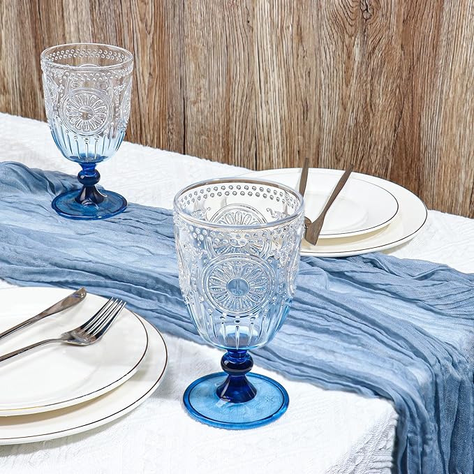 XUWAIDSGN 24Pcs Plastic Vintage Wine Glasses 13.5oz Reusable Embossed Goblet Glasses Blue Gradient Retro Wine Glassware Unbreakable Stemmed Champagne Water Cups for Wine Cocktail Juice Wedding