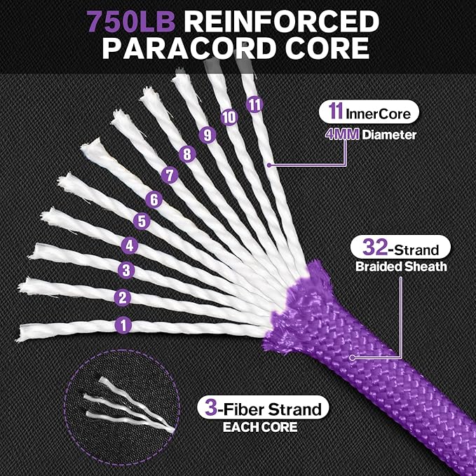 Paracord Rope 750 - Parachute para Cord 4mm 11 Strand Spool Rope Utility Nylon String for Outdoor Camping Survival Utility Tent Crafting DIY Projects - Purple 500ft