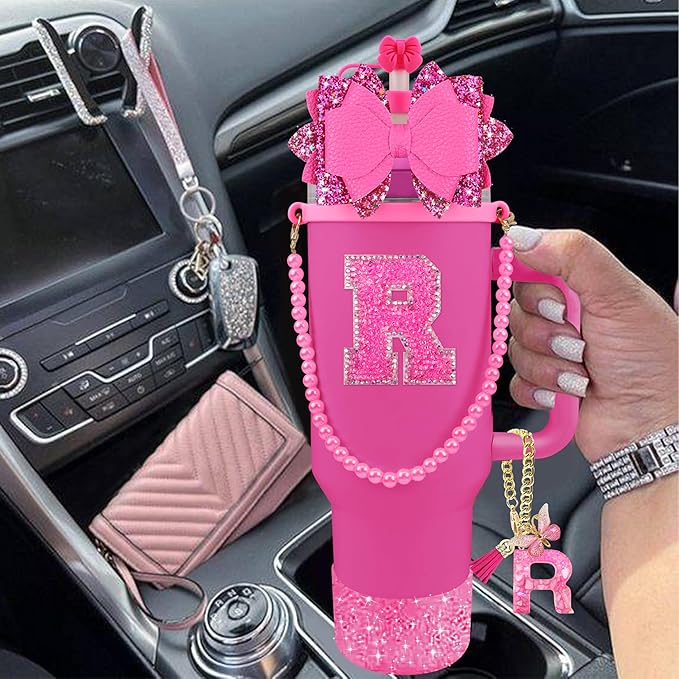 9PCS Hot Pink for Stanley Cup Accessories Set Bling Initials Bow Charms for Stanley Decorations 30/40 Oz Tumbler Accessories Including Bow Straw Topper, Handle Strap, Spill Stopper（Letter R）
