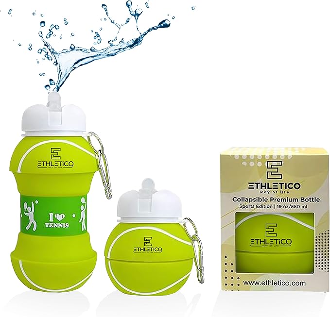 Collapsible Water Bottles with Carabiner Food Grade Sports Water Bottle for Gift Kids Folding Water Bottle for Hiking, School, GYM, School, Sports and Traveling 19oz/550ml (Tennis Ball)