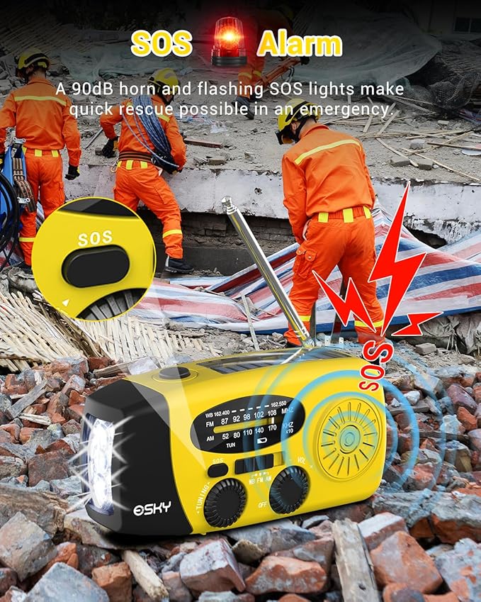 Esky Emergency Hand Crank Radio with 3 LED Flashlight, AM/FM/NOAA Portable Weather Radio with 2000mAh Rechargable Battery, Solar Powered USB Charged Radio for Indoor Outdoor Camping, SOS Alarm