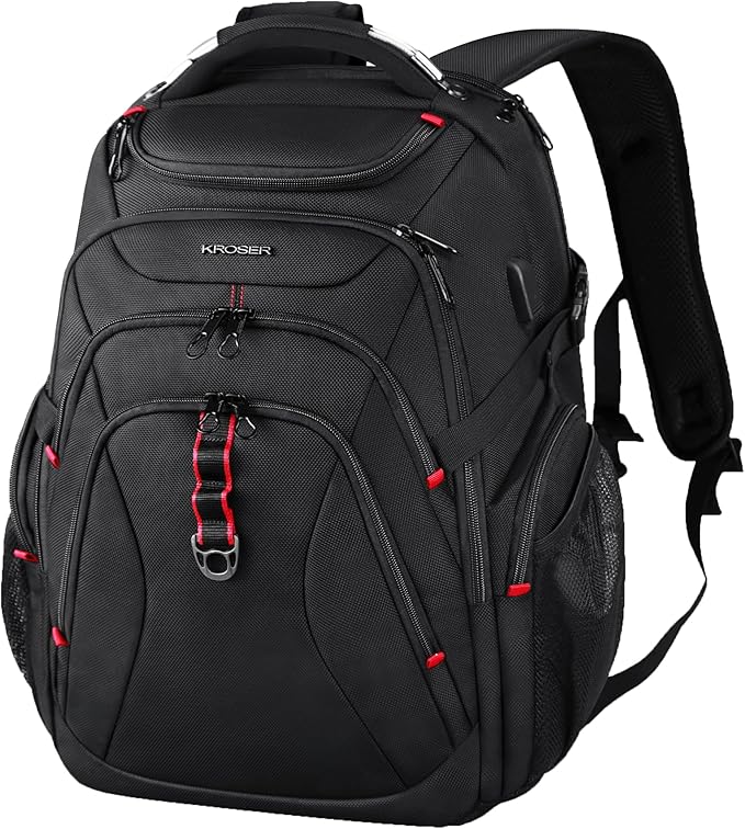 KROSER Travel Laptop Backpack 17.3 Inch XL Computer Backpack with Hard Shell Saferoom RFID Pockets Water-Repellent Business College Daypack Stylish Bag for Men/Women-Black