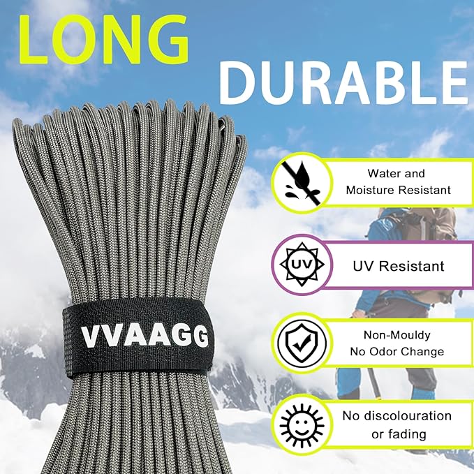 VVAAGG 1000 Paracord Rope, 50ft 12 Strand Parachute Cord for Crafting, DIY Projects, Survival Bracelets, Camping, Tent, Clothsline, Outdoor Hiking, Fishing (Gray, 50FT)