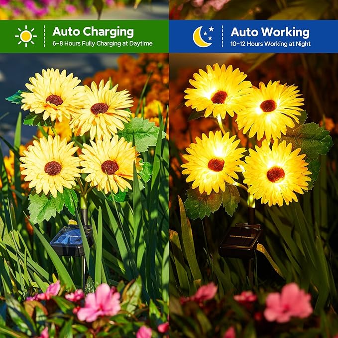 4 Pack Outdoor Solar Garden Lights with 16 Glowing Daisy Flowers & Stems, Waterproof Solar Flowers Lights for Outside Yard Patio Decor