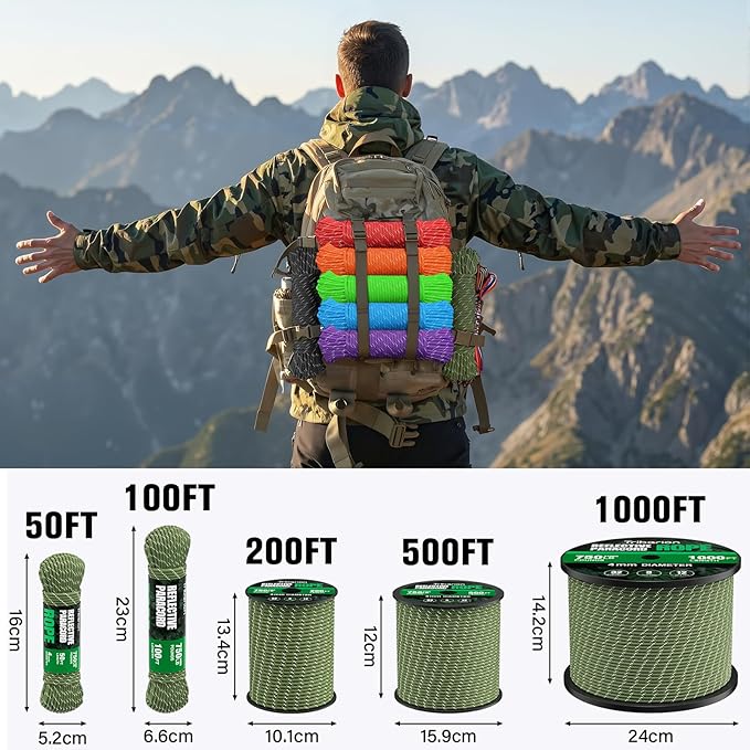 Reflective Paracord Rope 750 lb - 100ft 5/32" Parachute Cord 4MM 12-Strand para Cord - Heavy Duty Spool String for Survival,Camping Gear, Survival Bracelet, Clothesline - Army Green