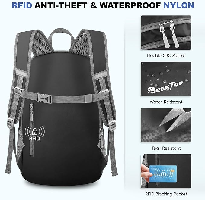 Seektop Lightweight Packable Hiking Backpack Waterproof Expandable 20L-28L for Women Men, RFID Day Pack for Travel & Camping
