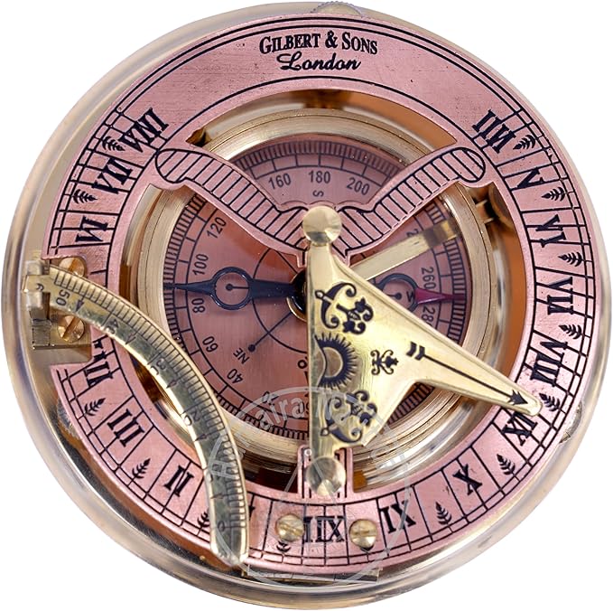 Humaira Nautical Vintage Brass Sundial Compass with Copper Dial & Leather Box Handmade Sun Clock Maritime Navigation Compass Gift