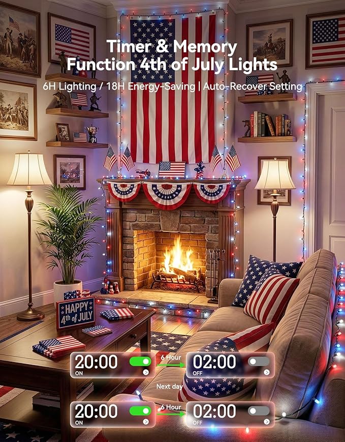 LitHome 4th of July Decorations Outdoor Waterproof, 99FT 300 LED String Lights Outdoor Red White and Blue, 8 Modes String Lights with Timer & Memory for Independence Day Tree Holiday Party