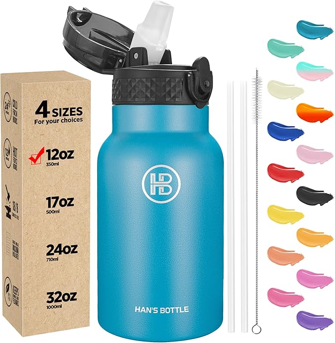 Han's Bottle Kids Water Bottle with Straw Lid - Insulated Stainless Steel Reusable Tumbler for Girls,Boys,Thermo Mug,12oz,Ocean