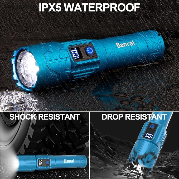 Rechargeable Tactical Flashlights 2000 High Lumens - 5000mAh Super Bright LED Powerful Flash Light, Waterproof Handheld USB C Flashlight for Home,Car,Camping,Emergencies,Zoomable (2, Turquoise)