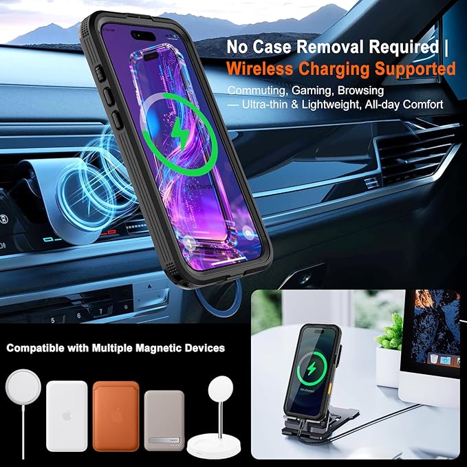 Phone Case for iPhone 17 Pro, IP68 Submersible [6.6FT] Military Grade Waterproof Shockproof with MagSafe Compatible Wireless Charging, Built-in Screen Protector for Swimming Outdoor Sports