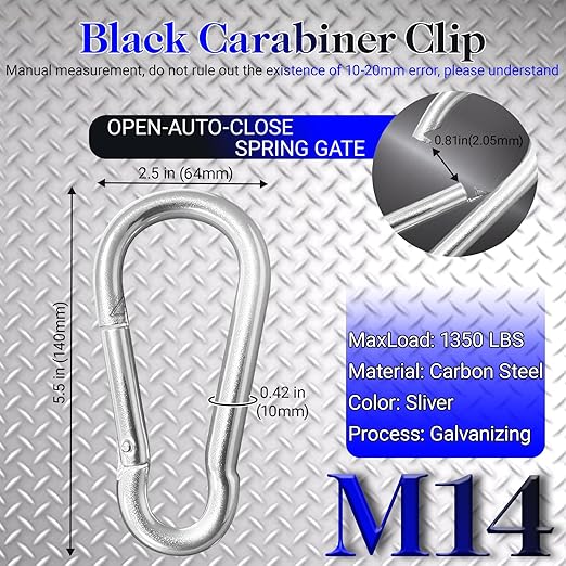 12 Pack 5.5" Heavy Duty Carabiner Clips, M14 Sliver Galvanized Steel Spring Snap Hooks, Rust-Resistant Keychain Clips for Hammock, Camping, Hiking, Fishing, Swing Set