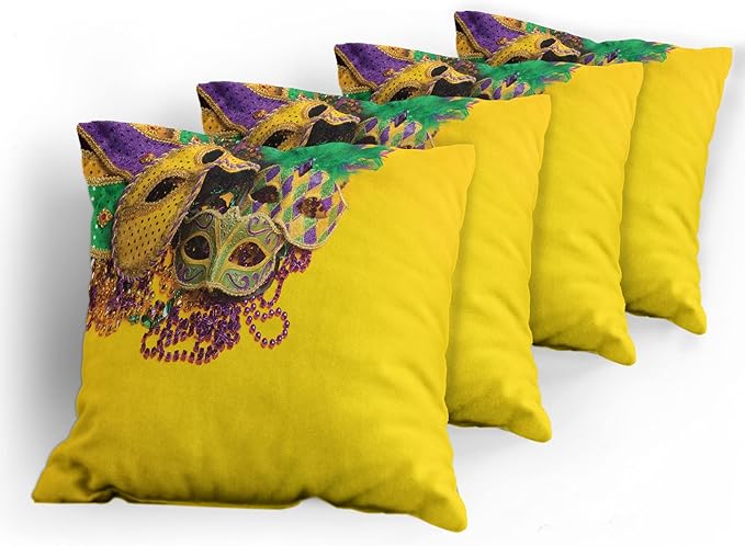 Ambesonne Mardi Gras Decorative Throw Pillow Case Pack of 4, Colorful Group of Venetian Carnivals Accessories, Cushion Cover for Couch Living Room Car, 20", Purple Yellow