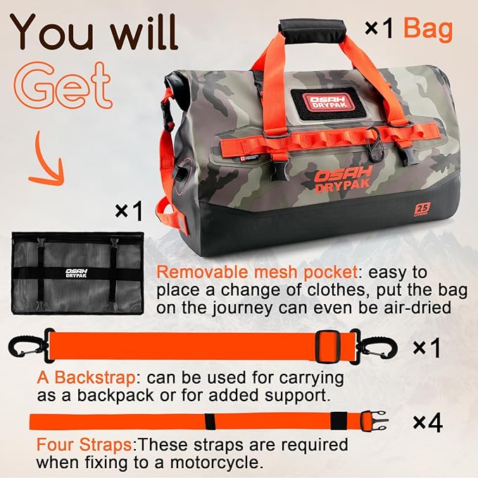 OSAH DRYPAK Waterproof Duffel Bag 25L/40L/60L – Heavy-Duty Motorcycle Tail Bag, Roll-Top Dry Bag for Travel, Camping, Boating, Kayaking, Outdoor Adventure